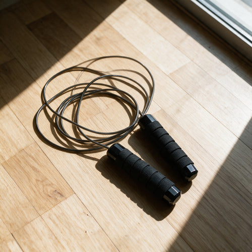 Corde à sauter Amplitude posée sur un parquet : câble acier lové et deux poignées noires