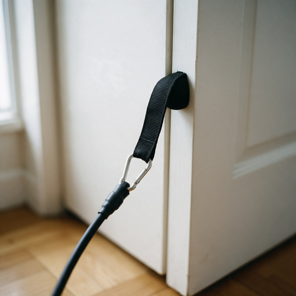 Ancrage de porte du kit AMPLITUDE coincé dans une porte fermée sans perçage, tube de résistance clipsé à la boucle par son mousqueton