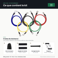 Contenu du kit AMPLITUDE 11 pièces : 5 tubes de résistance, 2 poignées, 2 sangles de cheville, 1 ancrage de porte et 1 sac de transport