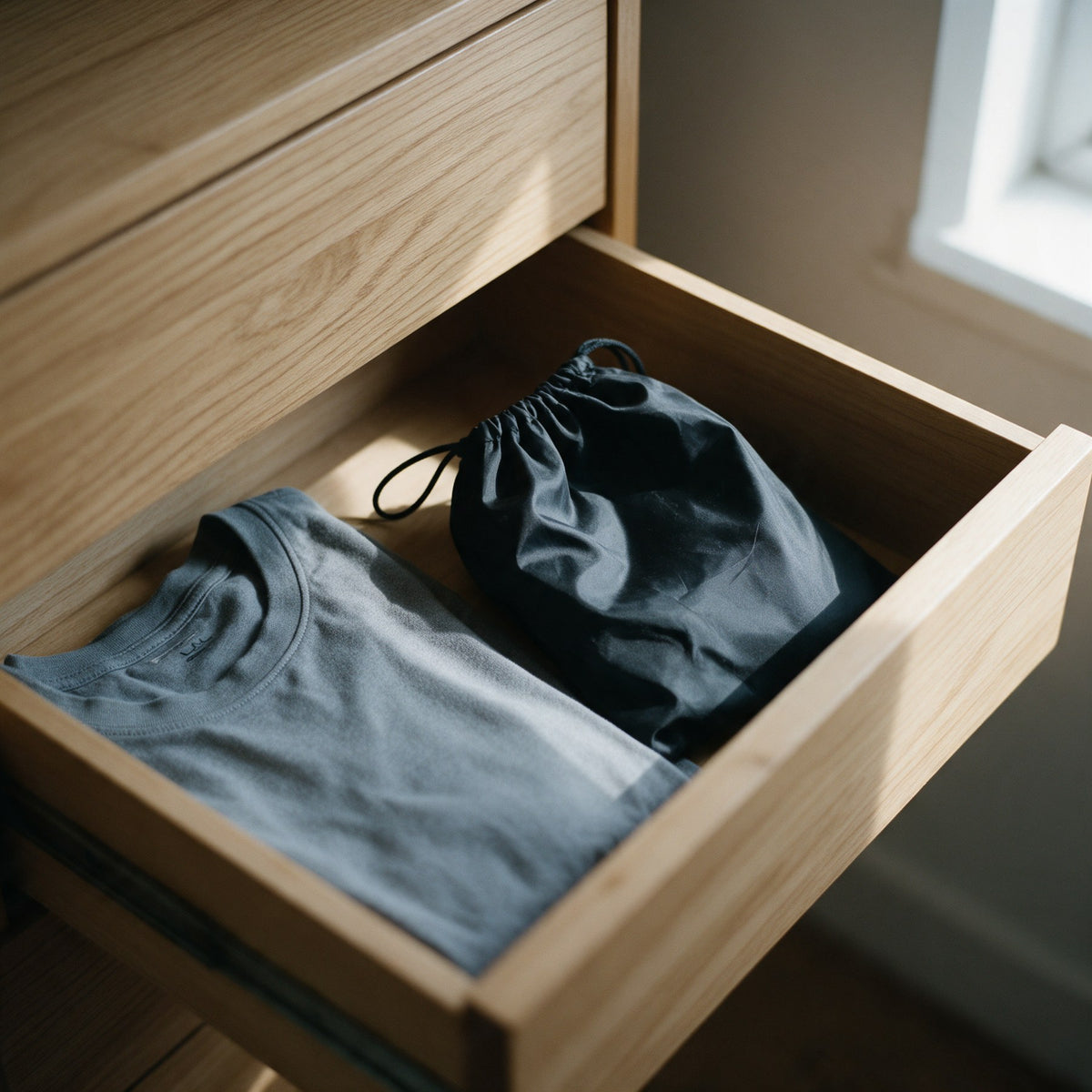 Sac de transport du kit AMPLITUDE rangé dans un tiroir, à côté d'un t-shirt plié