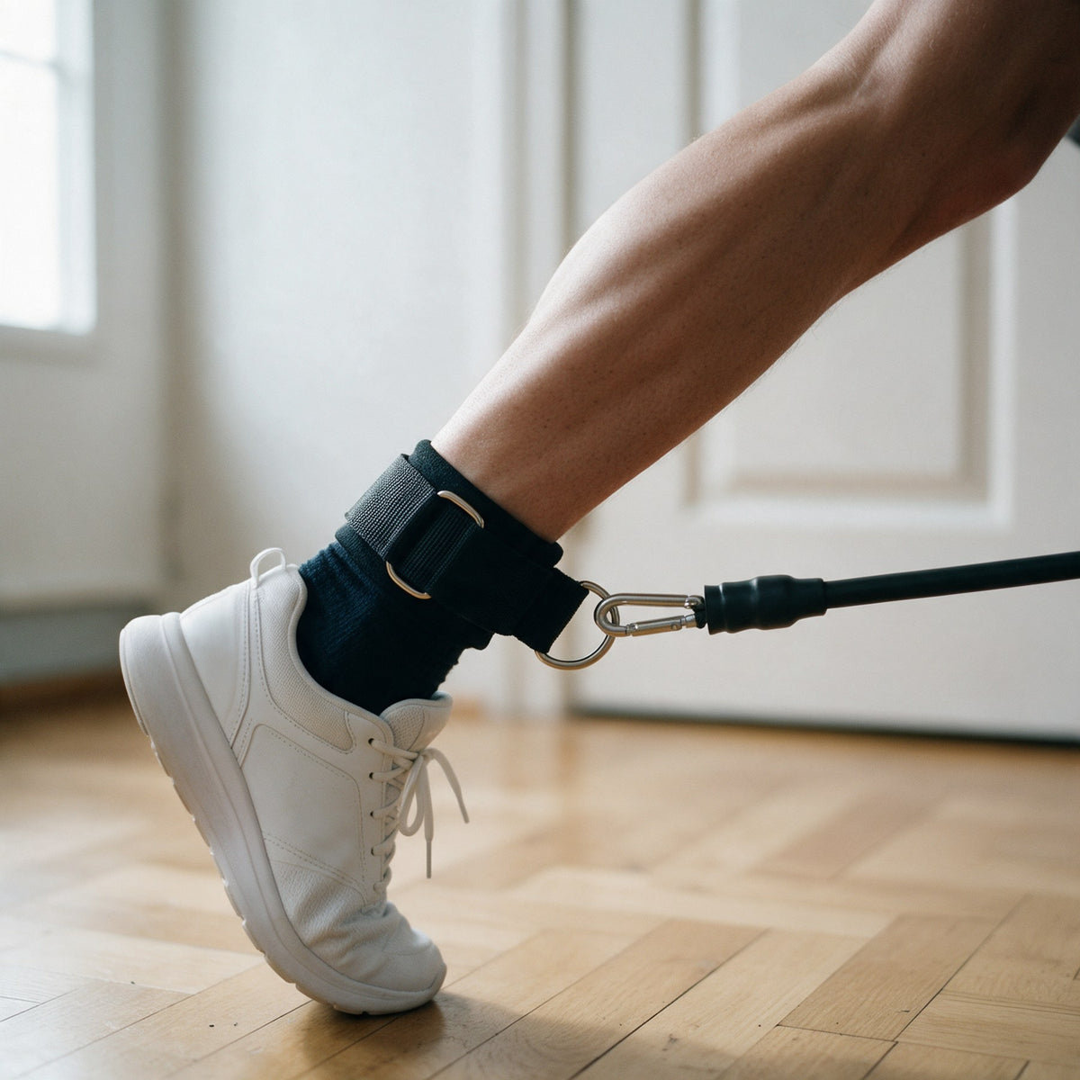 Extension de hanche avec le kit AMPLITUDE : sangle de cheville et tube de résistance en tension, jambe tendue vers l'arrière