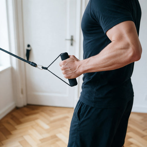 Tirage à la porte avec le kit AMPLITUDE : tube de résistance en tension, poignée mousse tenue en travers de la paume, coude ramené en arrière
