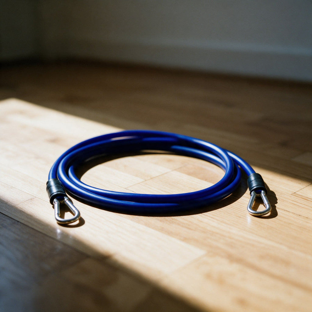 Tube de résistance bleu du kit AMPLITUDE, collerette noire et mousqueton métal, posé sur un parquet