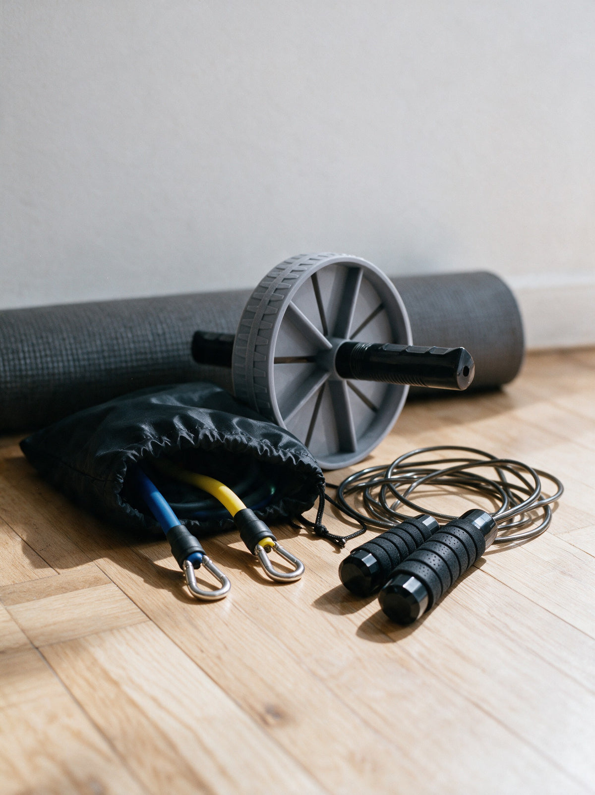 Les trois produits du pack Amplitude posés au sol dans un salon, devant un tapis d'exercice enroulé