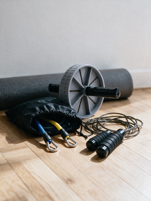 Les trois produits du pack Amplitude posés au sol dans un salon, devant un tapis d'exercice enroulé