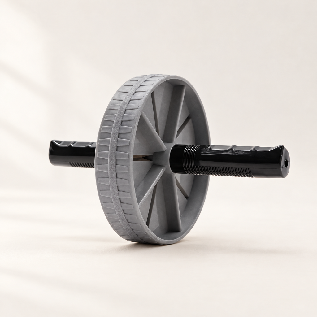 Roue abdominale à roue unique : flanc gris à rayons moulés, bande de roulement nervurée et poignées noires annelées