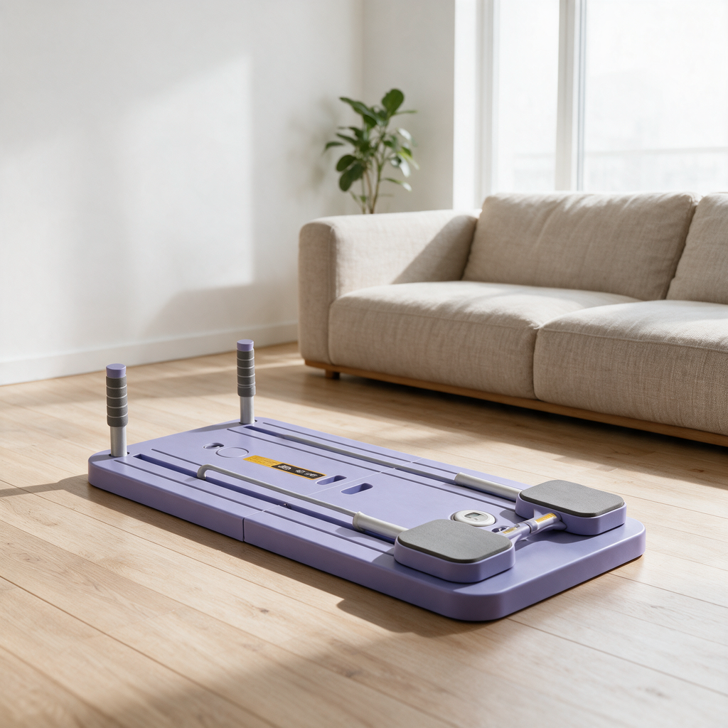 Planche Pilates dépliée sur un parquet clair dans un salon lumineux